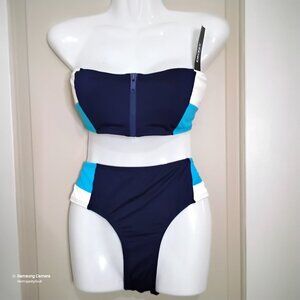 DKNY Blue & White Front Zip Padded Strapless Top & Hipster Bikini Bottom BNWT L